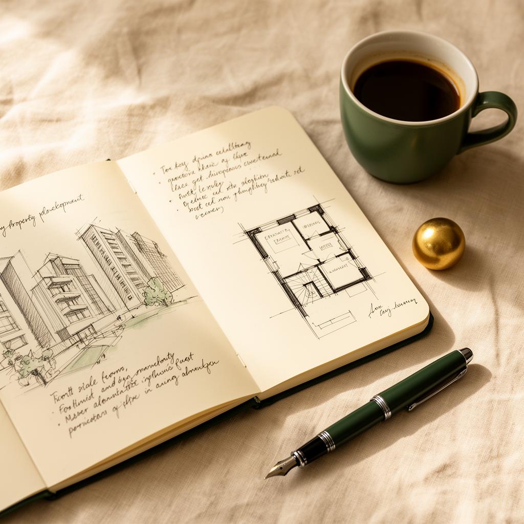 An open notebook with property development sketches, a floor plan, fountain pen, and coffee on warm linen. The calm, intentional work of getting clear.
